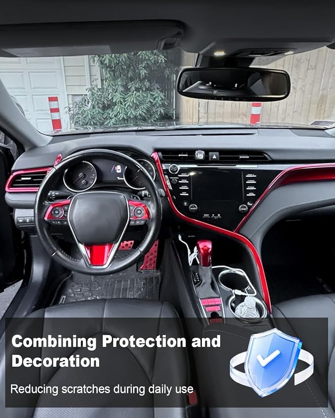 Red Carbon Fiber Interior Trim Kit Fit for Toyota Camry 2018-2024 | Dashboard Console Center Frame, Air Outlet and Steering Wheel Cover, Full Decoration Set