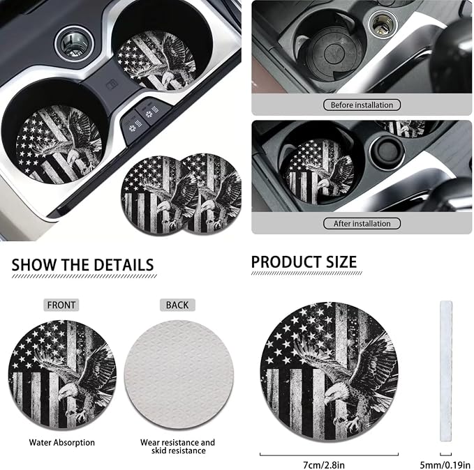 KEIAHUAN 11 Pcs Car Seat Covers Full Set with Stretchy Steering Wheel Cover/Coasters/Headrest Cover/Handbrake and Gear Shift Knob Cover, Easy to Install, Black American Flag Eagle