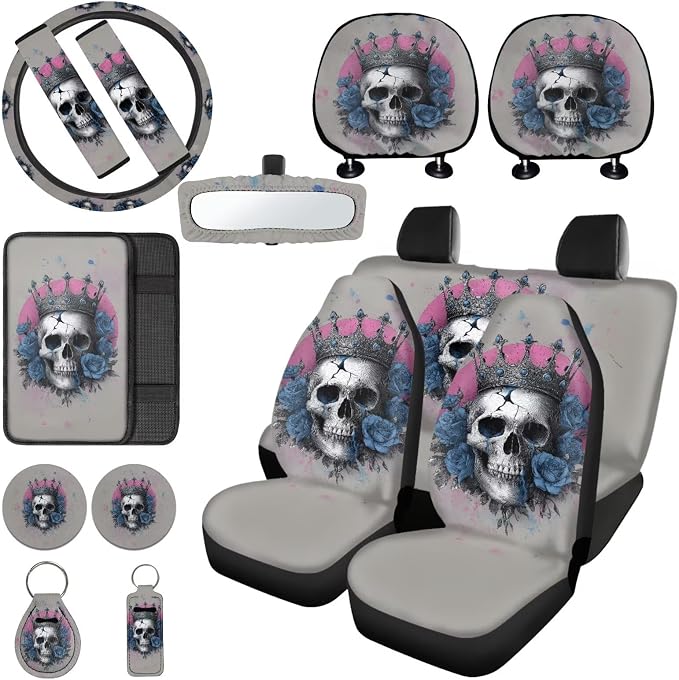 Crown Skull Print Seat Cover Full Set for Cars Rose Print Front and Rear Split Bench Seat Covers+Steering Wheel Cover+Seatbelt Pads+Headrest Covers+Center Console Pad for SUV Truck etc
