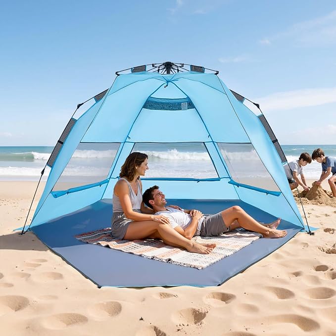 VEVOR Beach Tent Sun Shelter for 4 Person, Pop Up Beach Tent UPF 50+, Portable Sun Shade Beach with Carrying Bag and Sand Pockets, Easy Setup Umbrella for Camping Fishing Outdoor Picnic