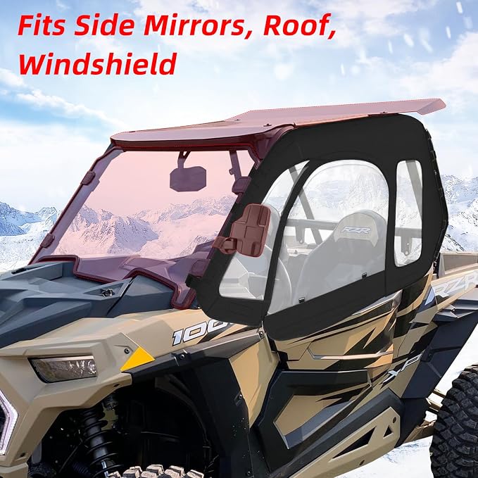 RZR Soft Upper Door YKK Zipper Compatible with Polaris RZR XP 1000 / XP Turbo 2014-2023 2-Seater Models, UTV Cab Enclosures Side Windows, Work with Side Mirror Windshield Roof