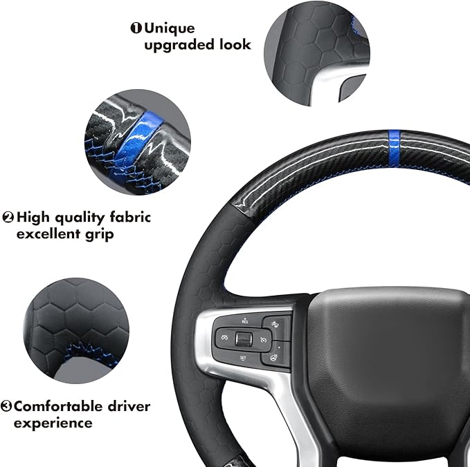 MEWANT Steering Wheel Cover for Chevy Silverado 1500 2019-2024/2500 3500 2020-2024/Blazer 2019-2024/Suburban Tahoe 2021-2024 Carbon Fiber Hand-Stitched Steering Wheel Wrap
