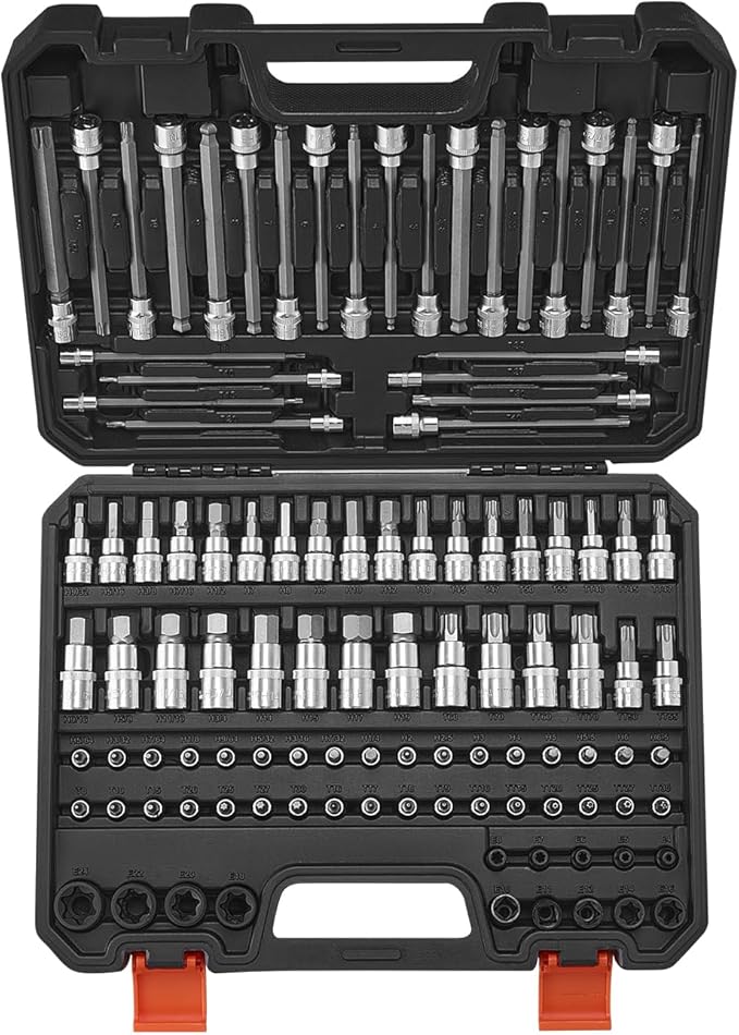 VEVOR Bit Socket Set, 107-Piece SAE and Metric, Hex/Torx/External Torx/Tamper-Proof/Extra Long, S2 Alloy Steel and Cr-V Steel, 1/4 in, 3/8 in, and 1/2 in Drives, with Enhanced Storage Case, Hand Use