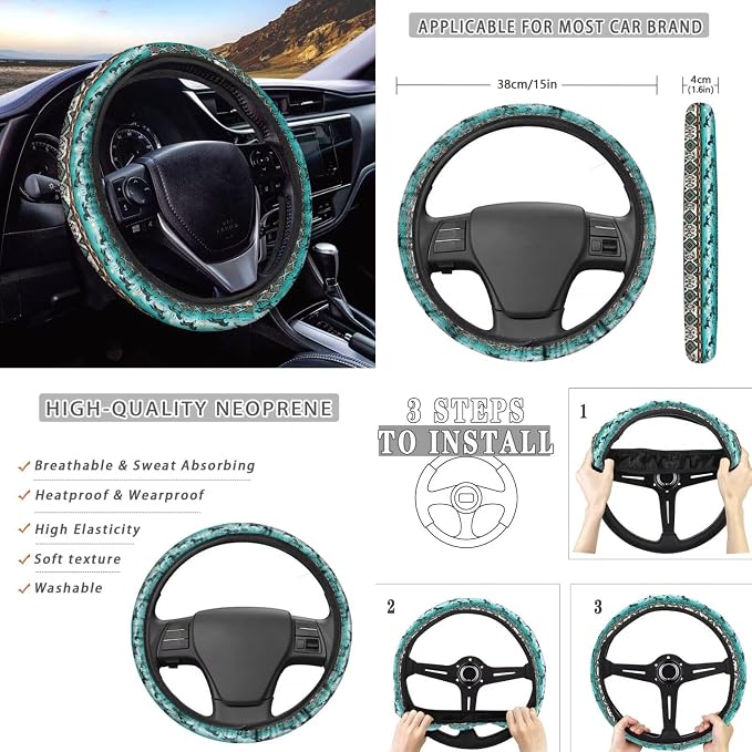 POLERO Western Aztec Horse Car Seat Covers Full Set 11 Pcs, Steering Wheel Cover Seatbelt Covers Coasters Keychain, Vintage Interior Accessories Universal Fit for Women Men