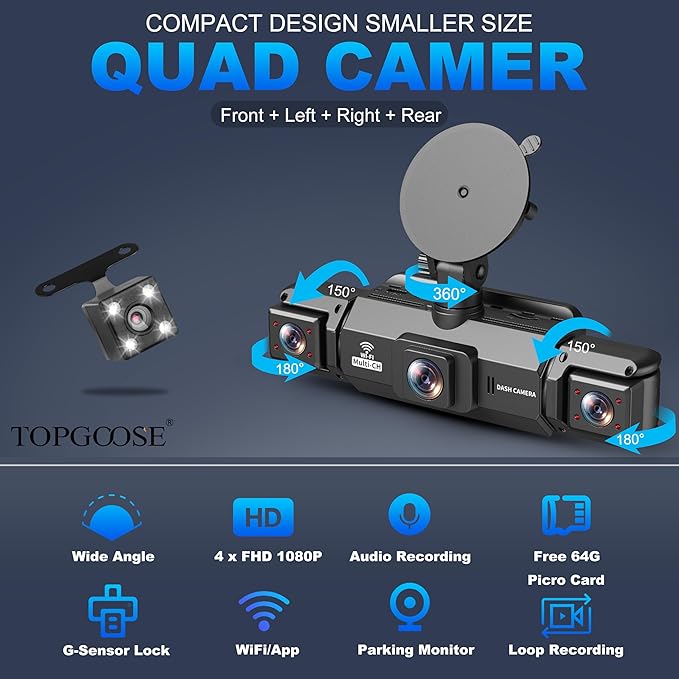 360° Dash Cam 4 Channel 5G WiFi & APP Control, Free 64GB Card, TOPGOOSE 2K FHD Front and Rear Inside, Left Right Dash Camera for Cars, G-Sensor, Loop Recording, 24H Parking Mode
