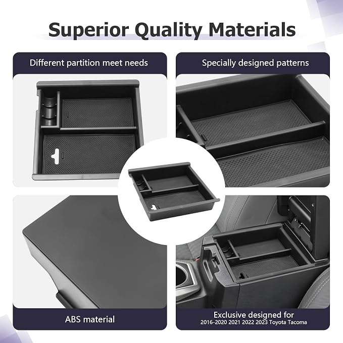 LUWU Tacoma Center Console Organizer Compatible with 2016-2020 2021 2022 2023 Toyota Tacoma Accessories Armrest Console Storage Box Insert Tray ABS Material Black Coin Container