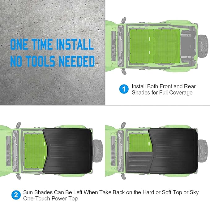 JL Top Sun Shade Roof Compatible with Jeep Wrangler 2 or 4 Door 2018 to 2023 Sunshade Sunroof Cover Blocks UV Wind Noise Green Mesh for Full Length
