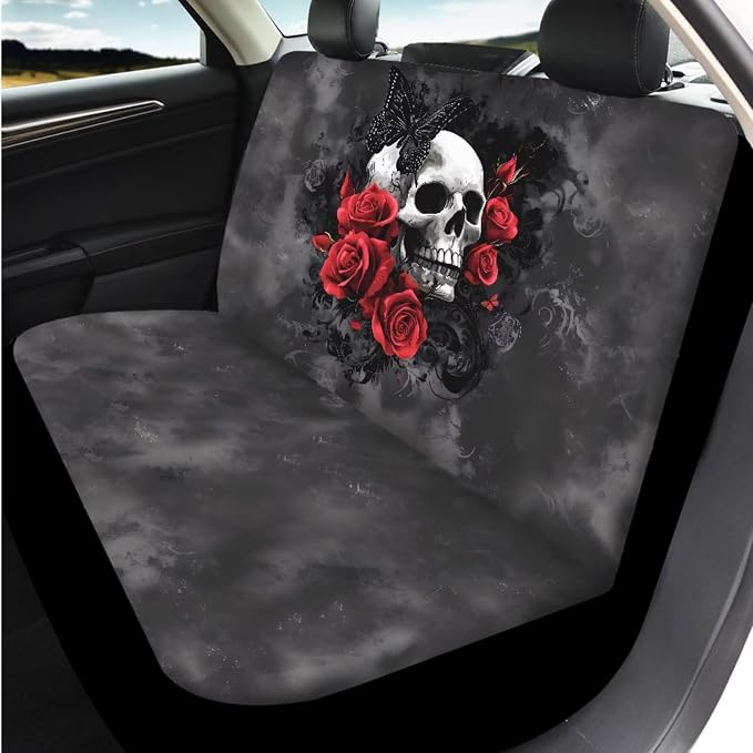 Bulopur Gothic Skull Red Rose Automotive Seat Covers Front and Rear with Car Steering Wheel Cover Armrest Cushion Pad Headrest Covers Seat Belt Pads Auto Interior Accessories Set 14 Pack