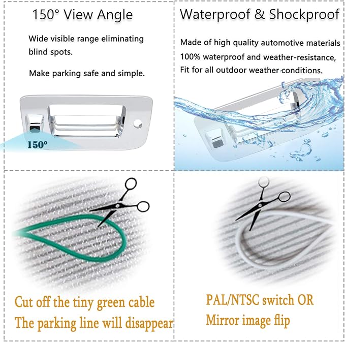 EWAY Tailgate Handle Backup Camera for Chevrolet Silverado GMC Sierra 1500 2007-2013 2500 3500 Heavy Duty 2007-2014 Waterproof Removable Guide Line Reversing Backing Cameras Chrome