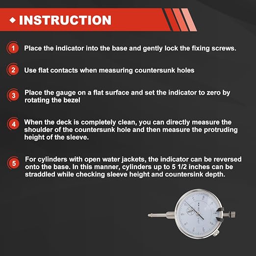 6434 Sleeve Height and Counter Bore Gauge for All Diesel Engines, Compact and Versatile Cylinder Bore Gauge Range: 0-1.00" Graduation: 0.001" Reading: 0-100 Portable Case Included