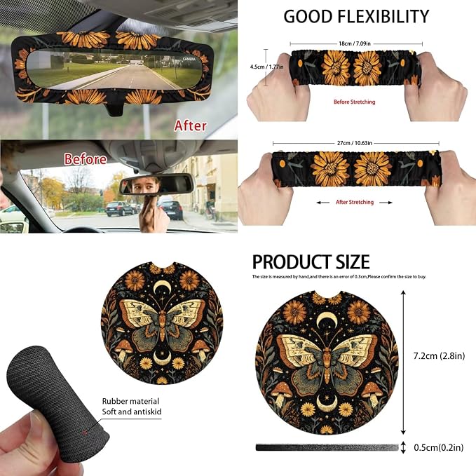 Goth Moon Moth 15Pcs Car Seat Cover Full Set Car Steering Wheel Cover Seat Belt Cover Trash Bin Front Rear View Mirror Car Cup Holder Keychain