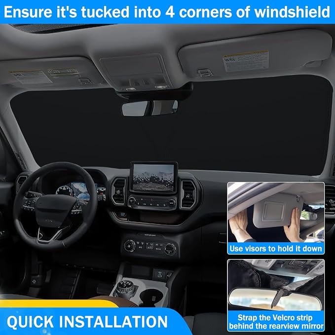 TOPINSTALL 2026 New Console Tray and Sunshade Compatible with 2026 Ford Bronco Sport Accessories, Long Compartment Storage Organizer Front Window Sun Protector（Not for Full Size Bronco