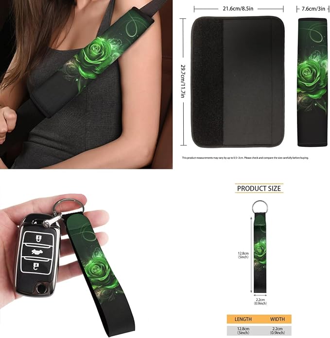 Green Rose Car Seat Covers Full Set for Women Cute Car Accessories Interior Car Steering Wheel Cover Seatbelt Covers Trash Bin Rear View Mirror Cover Cup Holders Keychain