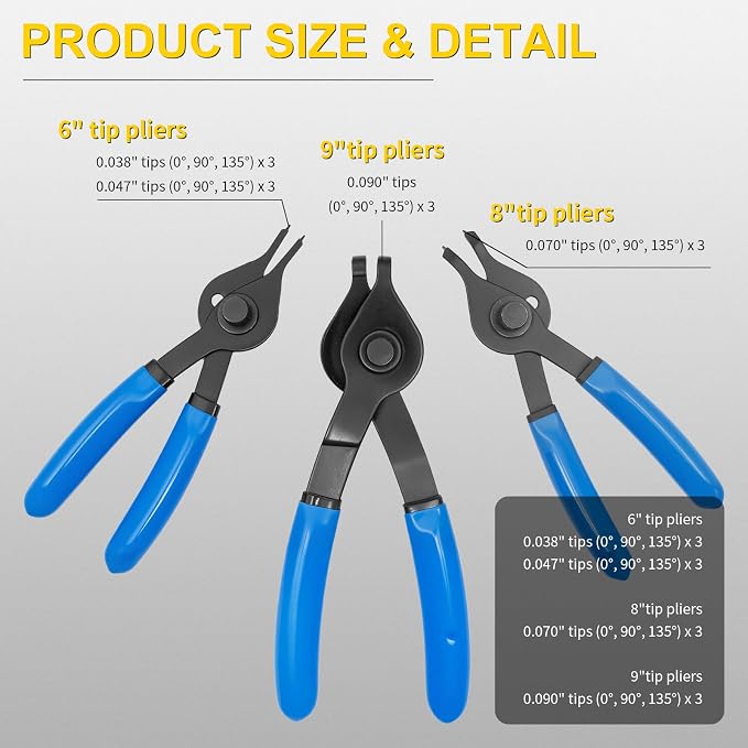 12PCS Versatile Snap Ring Pliers Set with 4PCS Pick Tool, Internal/External Retaining Ring Pliers with 4 Tip Sizes (0.038/0.047/0.070/0.090in) for Circlip Removal, Automotive & Machinery