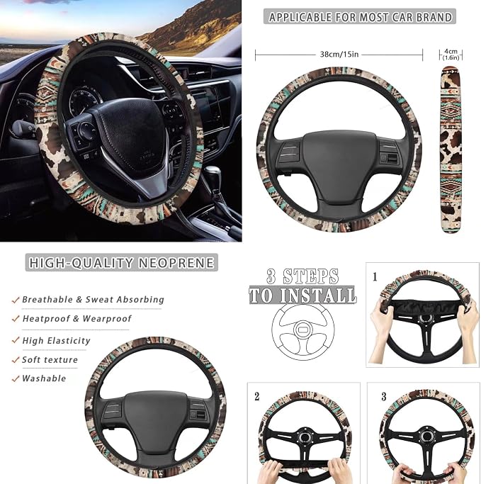 Wanyint Aztec Brown Cow Print Retro Car Seat Cover Full Set with Steering Wheel Cover Gear Shift Knob Cover Handbrake Protector Coasters Headrest Covers Universal Fit for Most Vehicles, Set of 11