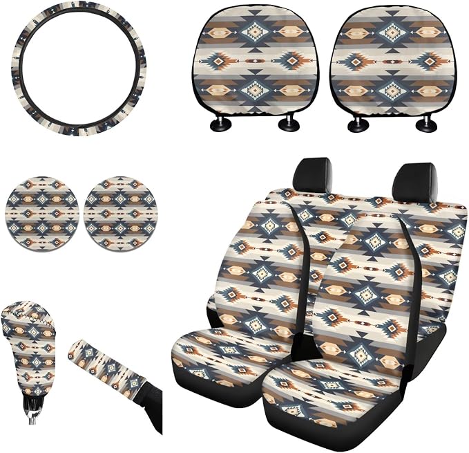 Wanyint Car Seat Cover Full Set 11 PCS, with Steering Wheel Headrest Handbrake Gear Shift Knob Cover Cup Coasters Auto Seat Cover Accessories, Southwest Aztec Blue Brown