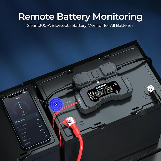 Renogy Battery Shunt 300, Remote Battery Monitoring, Range 8V-120V up to 500A, High Precision Current Sensor, Compatible Lead Acid, LFP, Li-ion, and Ni-MH Batteries