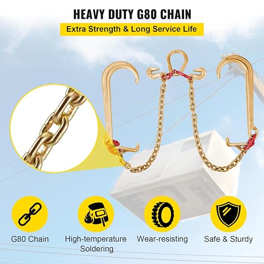 VEVOR V Bridle Chain, 5/16 in x 2 ft Bridle Tow Chain, Grade 80 V-Bridle Transport Chain, 9260 Lbs Break Strength with TJ Hooks and Crab Hooks, Heavy Duty Pear Link Connector and Chain Shorteners
