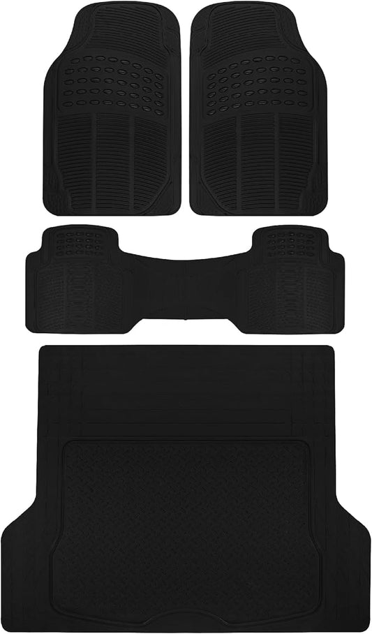 BDK Proliner All Weather Rubber Auto Floor Mats and Trunk Cargo Liner - Front & Rear Heavy Duty Set Fit for Car SUV Van and Truck, Black, 4 Pieces (Trim to Fit)