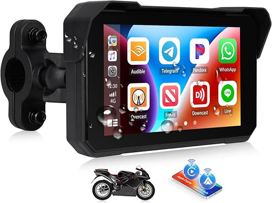 CAMECHO Portable Car Play Screen for Motorcycle, Wireless CarPlay & Android Auto for Motorbike, 5" IP68 Waterproof Touch Screen Motorcycle GPS Navigation System,Bluetooth, Support Siri USB TF EQ 12V