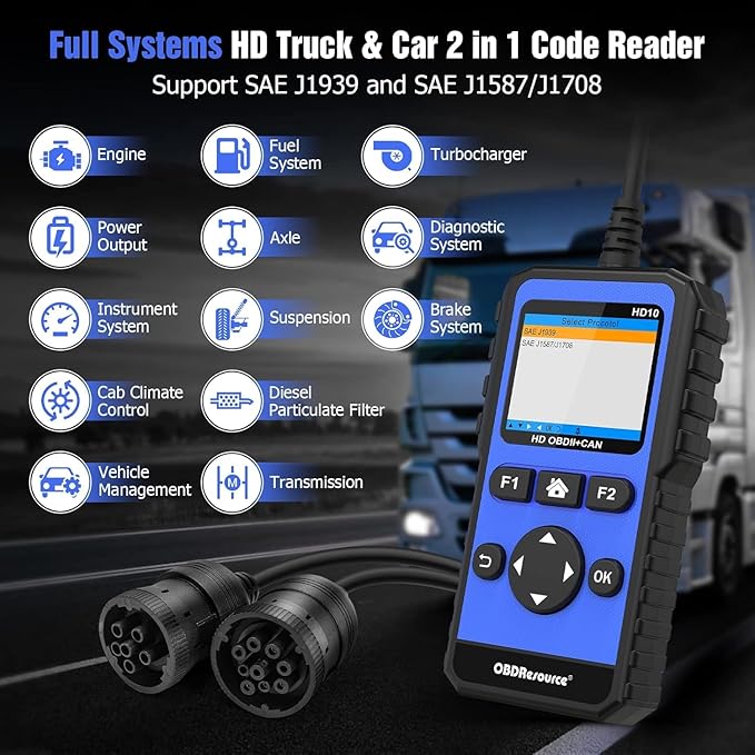 Heavy Duty Truck Scanner Full System Diesel Diagnostic Scan Tool HD OBD/EOBD/OBD2 Automotive Code Reader for Cars and Trucks OBDII+Heavy Duty 2 in 1 Code Reader