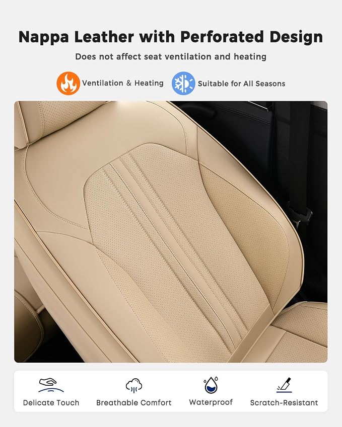 Huidasource Beige Seat Covers, Luxury Faux Leather Car Seat Cover, Velcro Adjustable, with Airbags, Seat Belts, Thinning Design Perforation Cooling＆Heating Fit for Most Cars, Vans, Trucks, SUVs, Beige