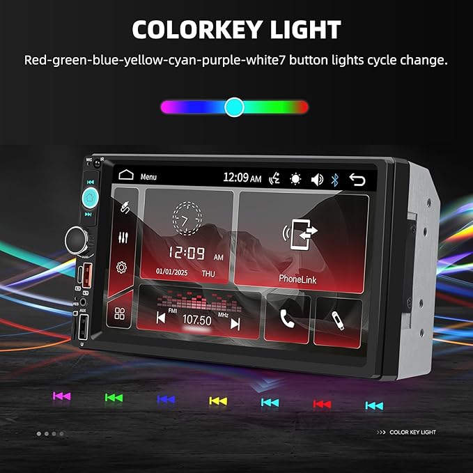 CAMECHO Double Din Car Stereo Radio 7 Inch MP5 Player with HD Touch Screen Multimedia Player with Bluetooth FM Receiver Support Mirrorlink SWC Type C AUX-in USB SD UI ColorLights