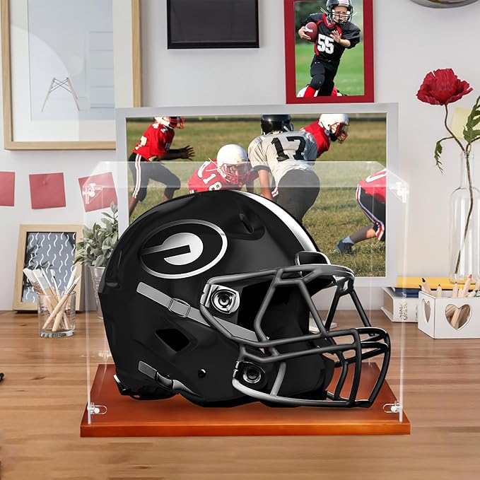 Hooqict Football Helmet Display Case Acrylic Clear with Solid Wood Base UV Protected Full Size Football Helmet Case Display Holder Stand for Hockey Baseball Motorcycle Sports Collections