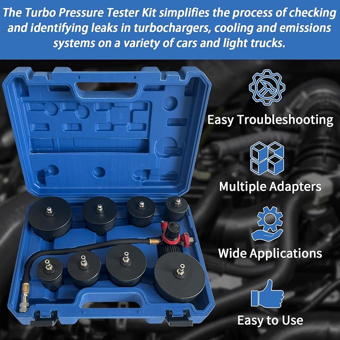 Turbo System Leakage Tester Set Turbocharger Air Pressure Leakage Tester Kit with 4 Pairs of Stepped Adapters 1-3/8" to 3-1/2" 35mm-90mm for Most Vehicles (9PCS)