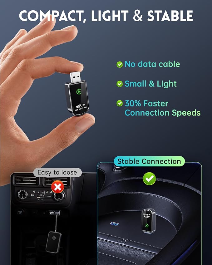 Amzfeel Wireless Carplay Adapter for Apple iPhone, Mini Bluetooth Dongle Convert Factory Wired to Wireless Car Play Plug & Play Auto Connect, Low Latency, GPS for iOS 10+ & Cars 2015+ (Brushed Gery)