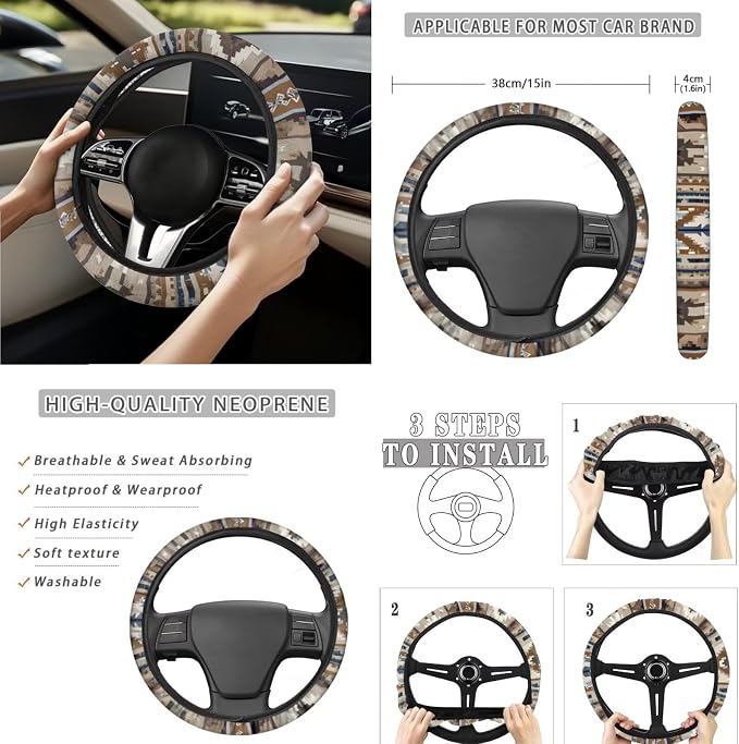 Southwest Aztec Car Seat Covers Set of 15 with Universal Steering Wheel Cover, Rearview Mirror Cover, Car Trash Can, Seatbelt Pads, Cup Holder Coasters, Keychains