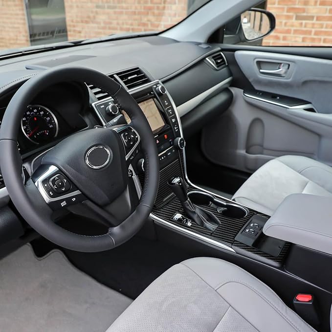 Real Carbon Fiber Center Console Gear Shift Panel Trim & Cup Holder Panel Trim Compatible with 2015-2017 Toyota Camry, Interior Decor Sticker Accessories
