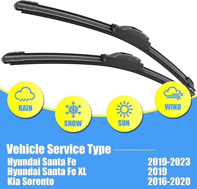 Gavimnal® 26"+16"+11" Silicone Wiper Blades Replacement For Hyundai Santa Fe 2019-2023 Hyundai Santa Fe XL 2019,Kia Sorento 2016-2020 All-Season Front Rear Windshield Wiper Blades(Set of 3)