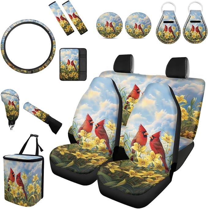 Forchrinse Red Bird Hibiscus Car Seat Covers/Steering Wheel Cover/Armrest Cover/Seatbelt Cover/Car Coaster/Trash Can Universal 15Pack Flower Automotive Set for Men Women