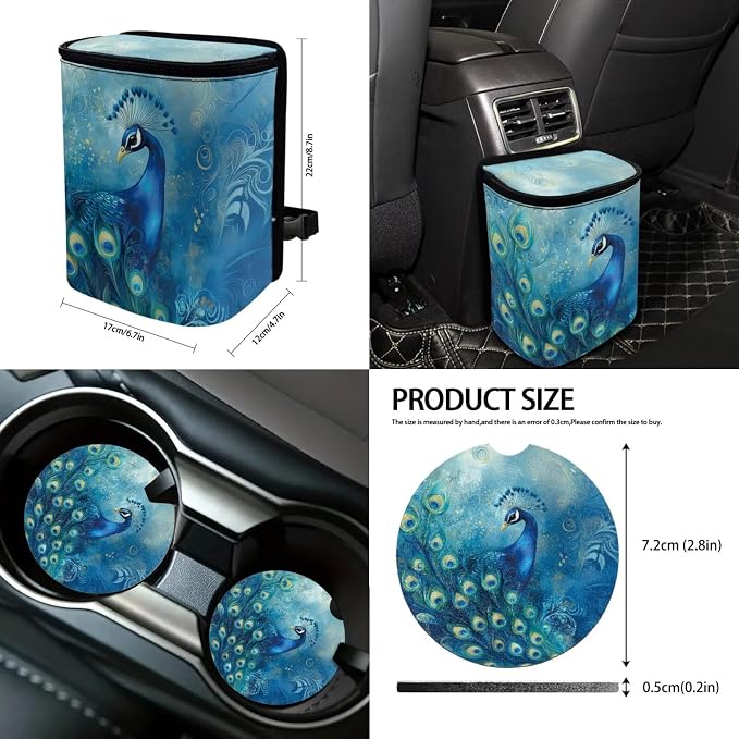 Suobstales Blue Peacock Flower Print 13 PCS Car Accessories Auto Seat Covers Set with Steering Wheel Cover, Seatbelt Pads, Trash Can, Rearview Mirror Cover, Coasters, Keychain for SUV Trunk Sedan