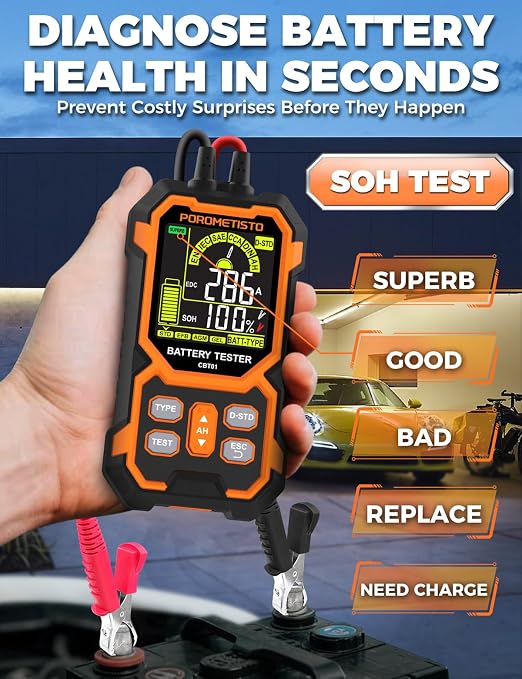 Car Battery Tester, 12V/24V Automotive Battery Diagnostic Tool, 50-2000 CCA Load Capacity, Digital Battery Analyzer & Voltage Meter for Car Truck Motor SUV Boar ATV RV