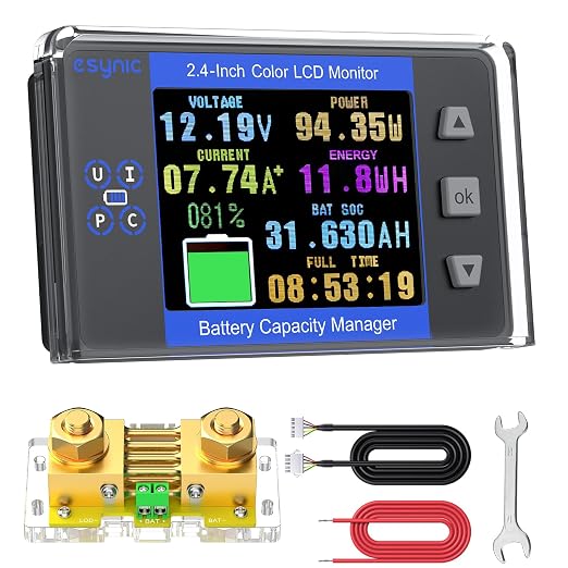 eSynic Professional Battery Monitor with Shunt-Range 10V-120V and up to 500A-2.4" Size Color Backlight LCD Display for Lead Acid/LiFePO4/Lithium-Low Voltage Alarm-Only One Battery Bank-RV/Boat etc