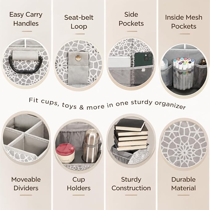 16 Pack Car Seat Organizer with Metal-Reinforced Cup Holders, 12 Storage Compartments Backseat Car Organizer, Travel Essentials for Kids Toys & Snacks, Non-Slip Seat Storage for SUV, Truck, Print