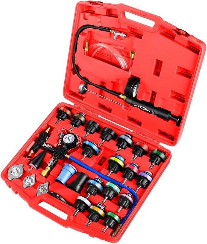 JIFETOR Radiator Coolant Pressure Tester Vacuum Refill Tool Kit, 28PCS Automotive Cooling System Leak Test and Pneumatic Purge Fill Set with Testing Adapter Caps Universal for Airlift Car Auto Truck