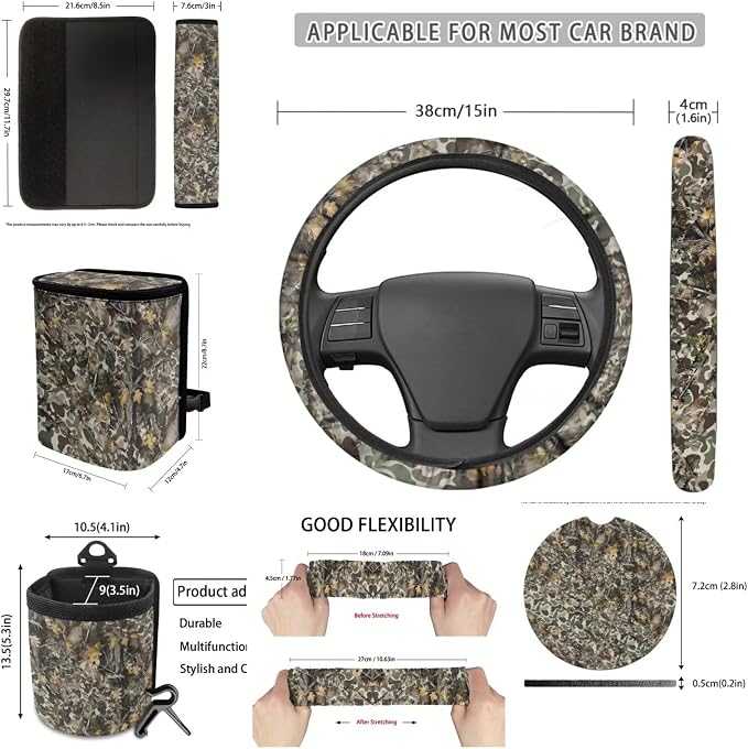 Dreaweet Car Seat Covers Full Set 15 Pcs Camo Deer Hunting Seat Covers with Steering Wheel Cover Seat Belt Pads Trash Bag Air Vent Pouch Rear View Mirror Cover Coasters Keychain