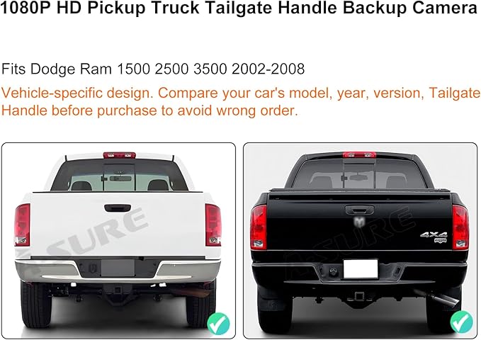 ASURE Tailgate Handle Backup Camera for Dodge Ram 1500 2500 3500 2002-2008, 1080P HD Rear View Camera 170° Wide Angle, Starlight Night Vision, Truck Backup Camera Waterproof for Parking Towing