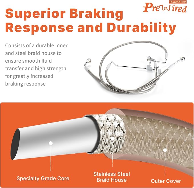 Front Dual Disc Brake Line 12" Handlebars +2" Extension Brake Cable NO ABS for Harley 2014-2023 Touring Road King/Road Glide/Street Glide/Electra Glide Models Stainless Steel Braided, Chrome