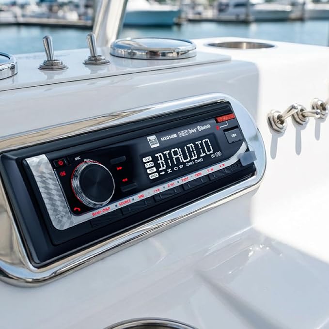 Dual Electronics MXD140B Marine Stereo with Built-in Bluetooth | Single DIN 8-Character Sunlight-Readable LCD Display | AM/FM Stereo Receiver | USB Port with 2.1 A Charging | Black