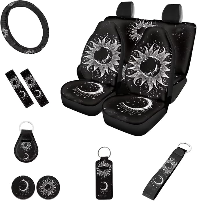 Moon Stars Car Seat Covers Black Auto Front Back Seat Covers Set of 12，Univesal Fit Moon Stars Cup Mat+Keychain+15Inch Elastic Steering Wheel Cover+Safety Seatbelt Cushion Car Interior Set