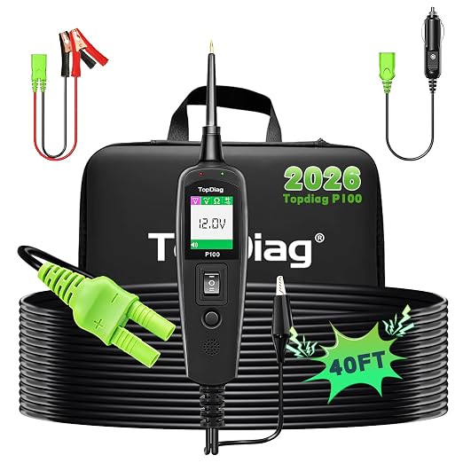 Topdiag P100 Automotive Power Circuit Probe Tester, 12 24V Electrical Short/Open Breaker Finder, AC DC Diode Resistance Relay Tester, Continuity Test Digital Multimeter/Ohmmeters, 20 + 20FT Cable