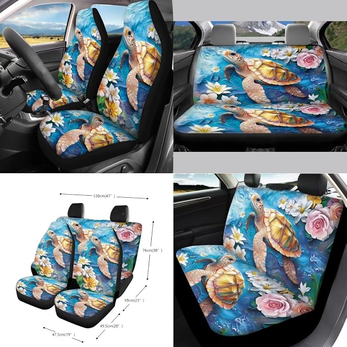 Turtle Floral Print Car Front Back Seat Covers Set of 15 Steering Wheel Covers Trash Cans Air Vent Storage Bag Seatbelt Strap Cover Rear View Mirror Covers Cup Coasters Keychain