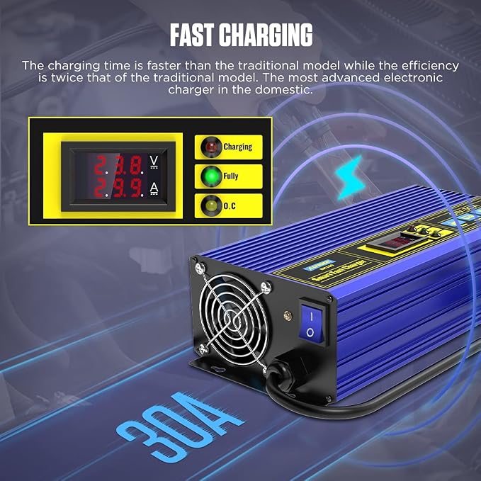 24V 30A Smart Fast Battery Charger – Fully Automatic Heavy-Duty Charger for Golf Cart, Forklift, Floor Scrubber | 200AH-300AH Lead-Acid Batteries with Cooling Fan & Overheat Protection
