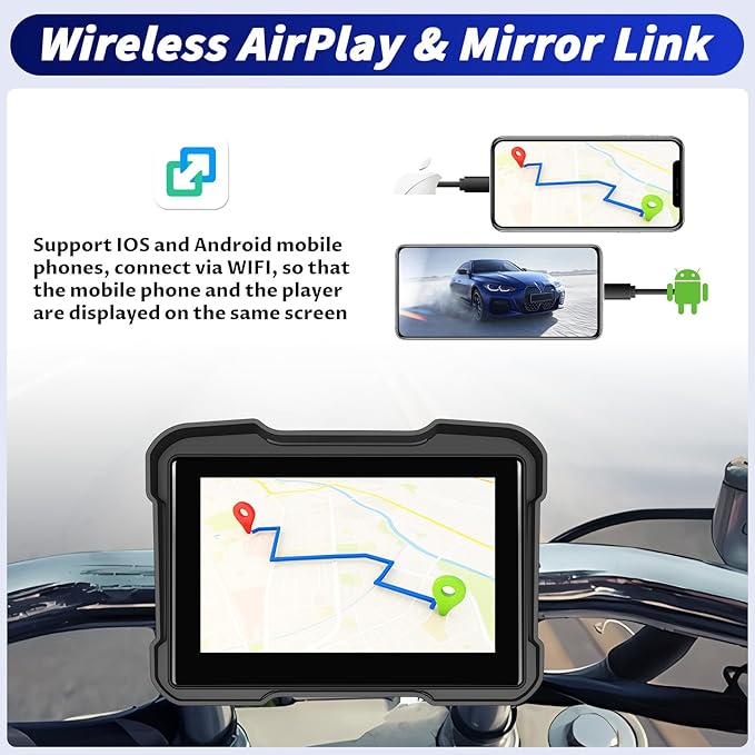 5 Inch IPS Waterproof Portable Motorcycle CarPlay Screen with Wireless CarPlay&Android Auto,GPS Navigation,Bluetooth,EQ,TF Port,Voice Control,IP67 Waterproof