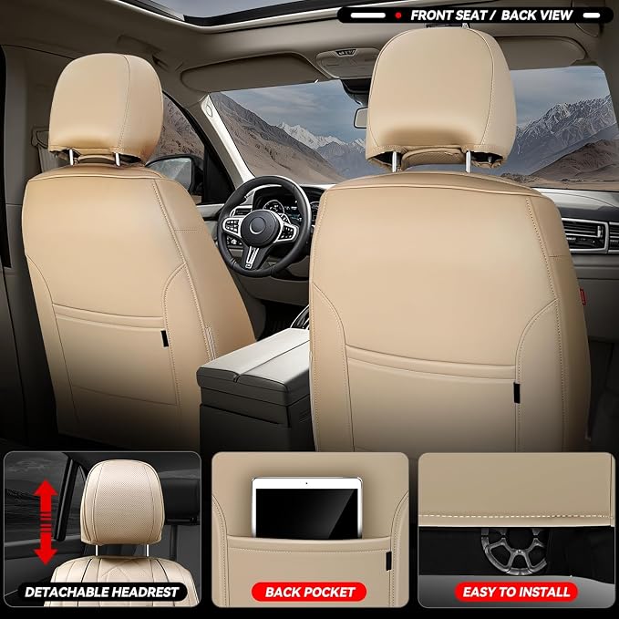 Auto Dynasty Car Seat Covers Full Set, Anti-Slip Automotive Interior Covers with Storage Pocket, Breathable Car Seat Protectors, Airbag Compatible, Universal Fit Most Vehicles, Beige (Touring Series)