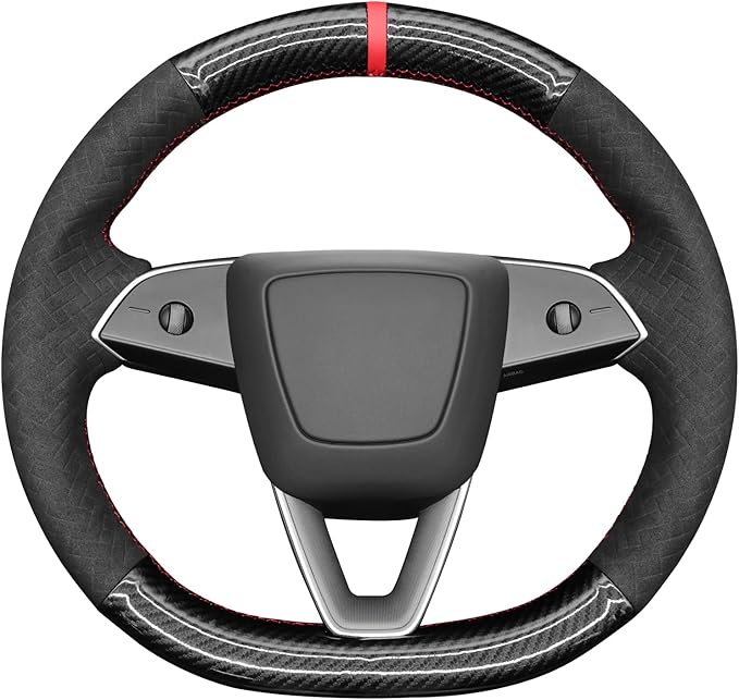 MEWANT DY Black Glossy PU Carbon Fiber Embossed Suede Steering Wheel Cover for Tesla Model3 Highland Model Y Juniper